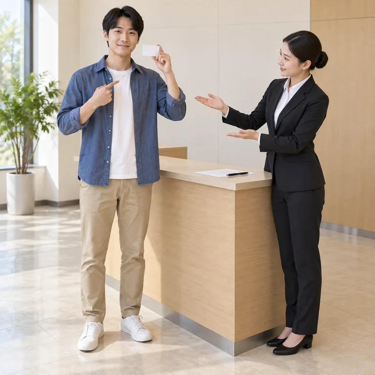 ผู้สมัครชี้ตัวเองและแสดงบัตรต่อเจ้าหน้าที่ สื่อความหมายของ 本人