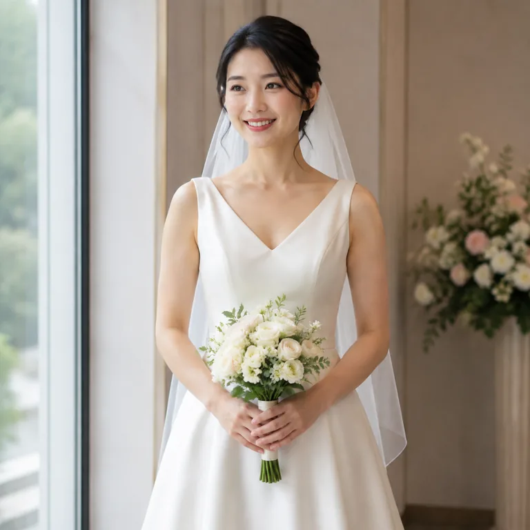 เจ้าสาววัยผู้ใหญ่ถือช่อดอกไม้ในสถานที่จัดพิธี สื่อถึงคำว่า 新娘