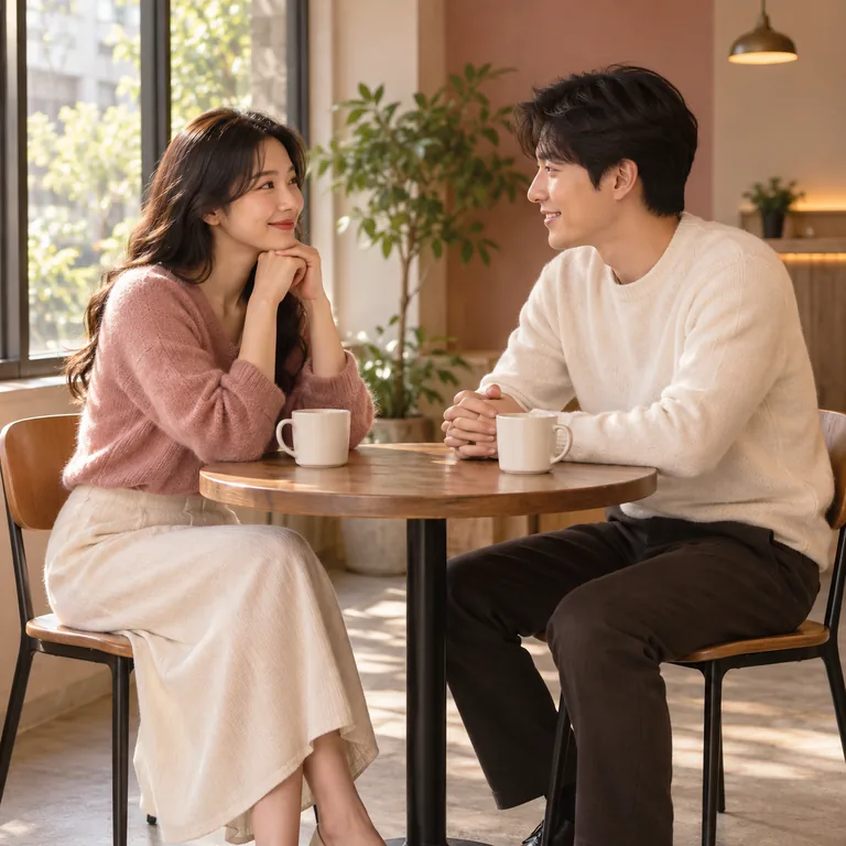 คนหนุ่มสาวสองคนนั่งคุยกันตามนัดที่โต๊ะคาเฟ่ สื่อความหมายของ 约会