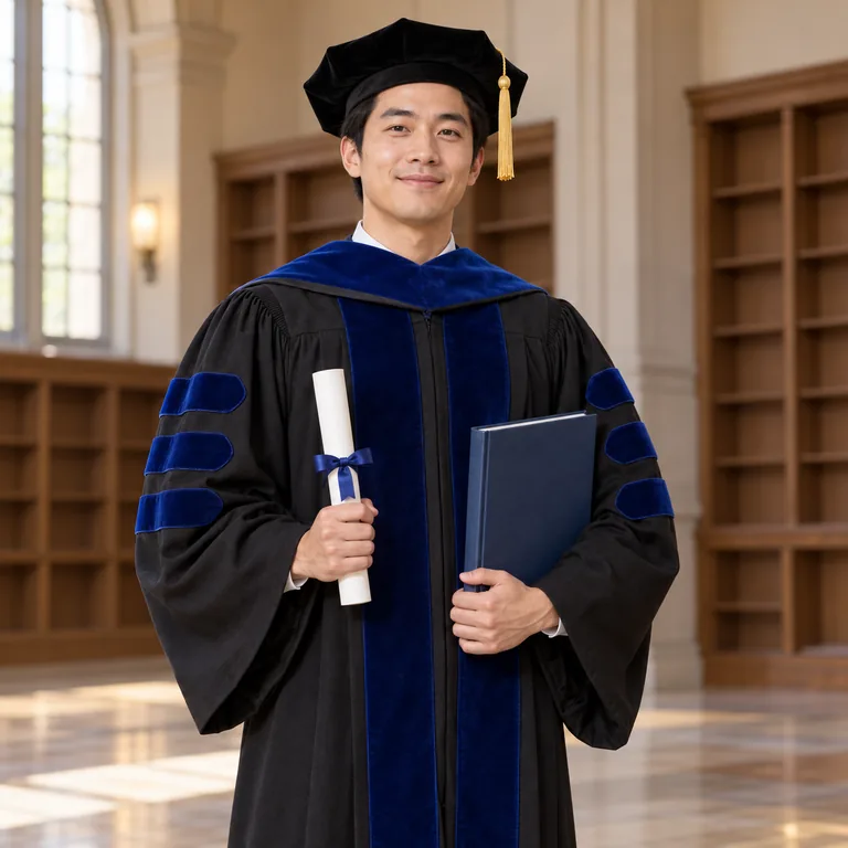 บัณฑิตปริญญาเอกถือวิทยานิพนธ์และใบปริญญา สื่อความหมายของ 博士