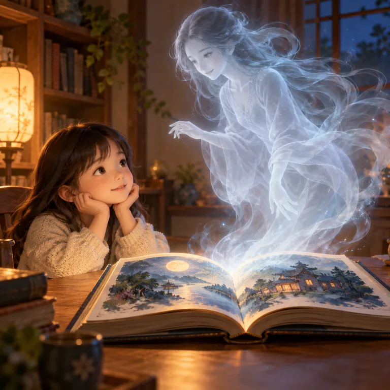 วิญญาณโปร่งใสหนึ่งตนปรากฏเหนือหนังสือนิทานที่เด็กหนึ่งคนกำลังอ่าน