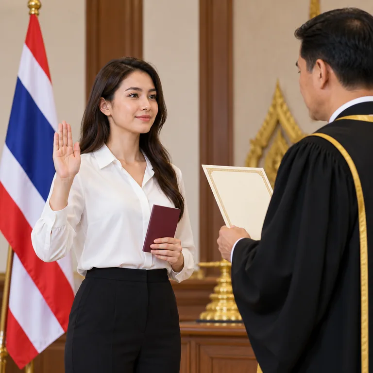 ภาพประกอบแนวคิดการรับสัญชาติ ผู้สมัครถือหนังสือเดินทางและกล่าวคำปฏิญาณต่อเจ้าหน้าที่โดยมีธงไทยด้านหลัง