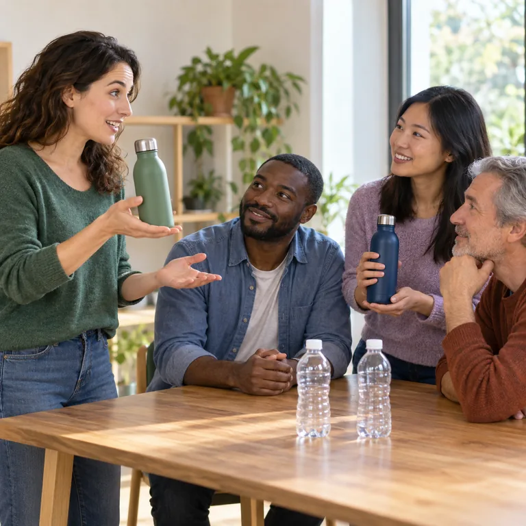 ผู้หญิงชักชวนเพื่อนบ้านให้ใช้ขวดน้ำซ้ำและมีคนเริ่มทำตาม ขณะที่วางขวดใช้ครั้งเดียวแยกไว้