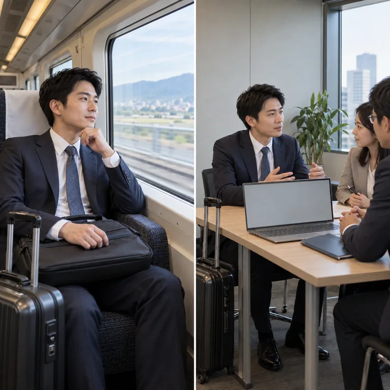 พนักงานเดินทางพร้อมกระเป๋างานบนรถไฟ ก่อนเข้าประชุมกับเพื่อนร่วมงานที่ปลายทาง สื่อการไปทำงานต่างถิ่นชั่วคราว
