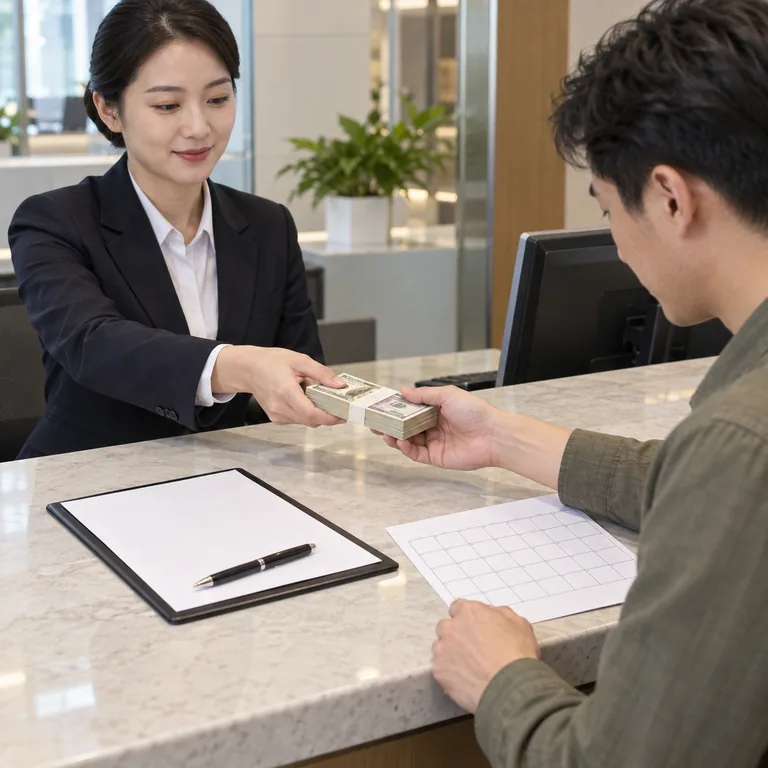 พนักงานธนาคารส่งเงินให้ผู้ขอกู้ที่ถือแผนชำระคืน สื่อคำว่า 贷款