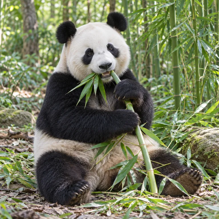 แพนด้ายักษ์ขนสีขาวดำนั่งกินไผ่ในป่า สื่อคำว่า 大熊猫