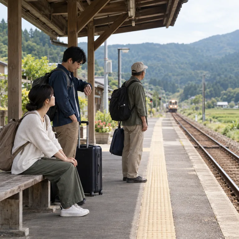 ผู้โดยสารสามคนถือกระเป๋ารอรถไฟที่ชานชาลา รถไฟยังอยู่ไกล คนหนึ่งดูนาฬิกา