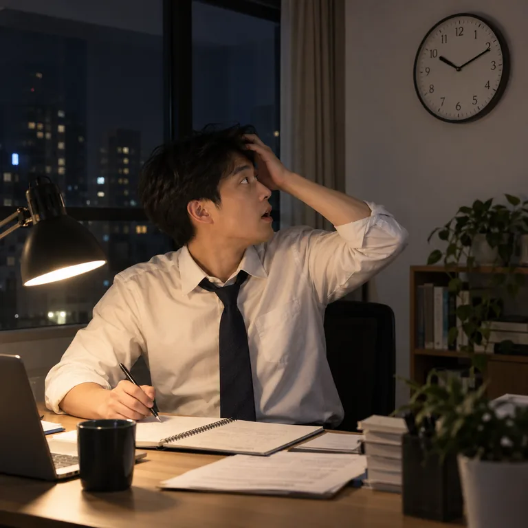 คนทำงานเงยหน้ามองนาฬิกาตอนกลางคืนด้วยท่าทีเพิ่งรู้ว่าเวลาล่วงเลยไปมาก