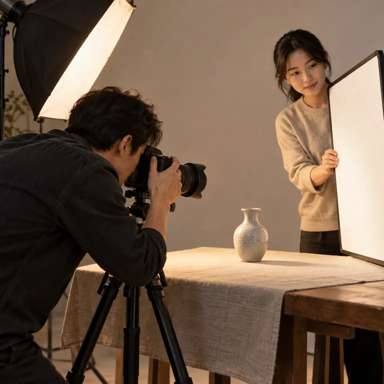 ช่างภาพถ่ายแจกันเป็นงานหลัก โดยมีผู้ช่วยถือแผ่นสะท้อนแสงเสริมแสงอยู่ด้านข้าง