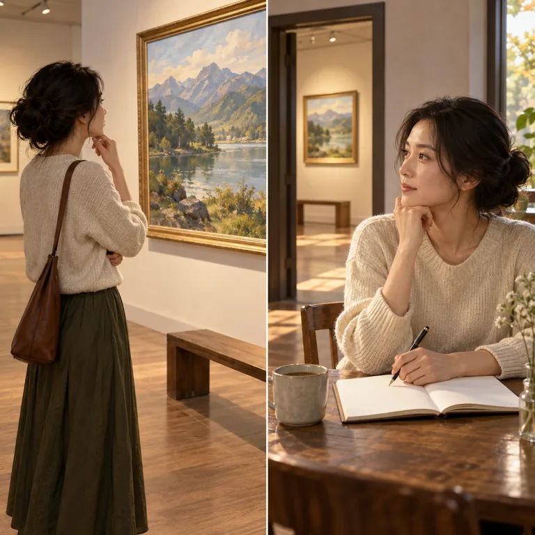 ผู้หญิงชมภาพทิวทัศน์ในนิทรรศการ แล้วนั่งคิดและจดความเห็นหลังชม