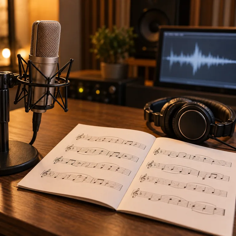 ไมโครโฟนข้างสมุดโน้ตทำนองและหูฟังในสตูดิโอบันทึกเพลง