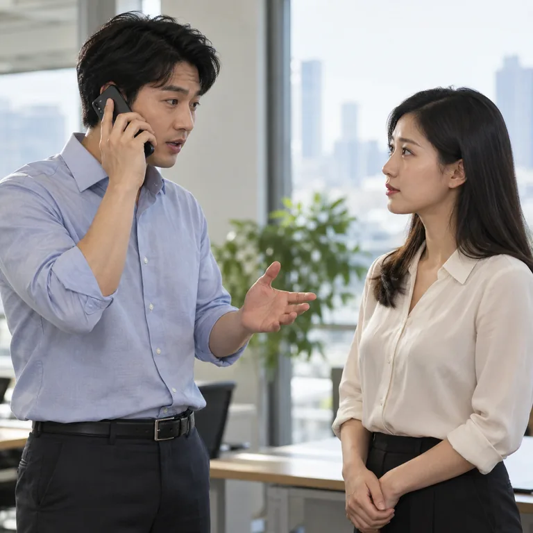 ชายกำลังรับสายและถ่ายทอดข้อความให้เพื่อนร่วมงาน สื่อความหมายของ 转告