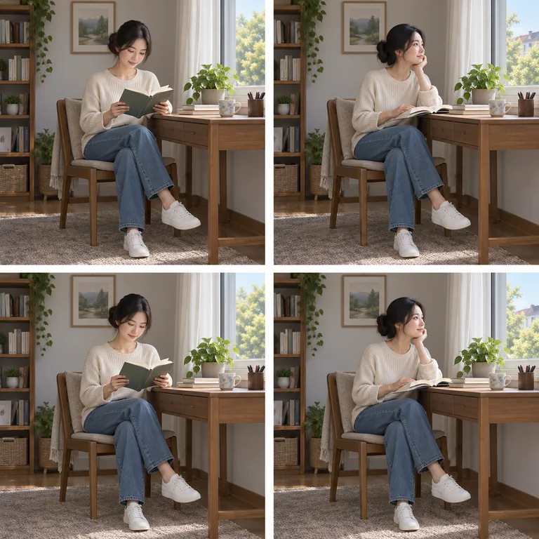 ภาพสี่ช่วงเวลาของคนเดิมอ่านหนังสือสลับกับเงยดูนอกหน้าต่างเป็นระยะ สื่อ 不时