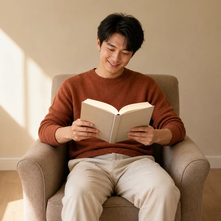 ภาพสร้างผู้ใหญ่อ่านหนังสือหนึ่งเล่มอย่างมีความสุขบนเก้าอี้หนึ่งตัว สื่อความหมายของคำว่า 喜爱