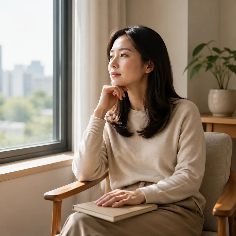 ผู้ใหญ่นั่งครุ่นคิดอย่างสงบริมหน้าต่าง สื่อถึงคำว่า 心理