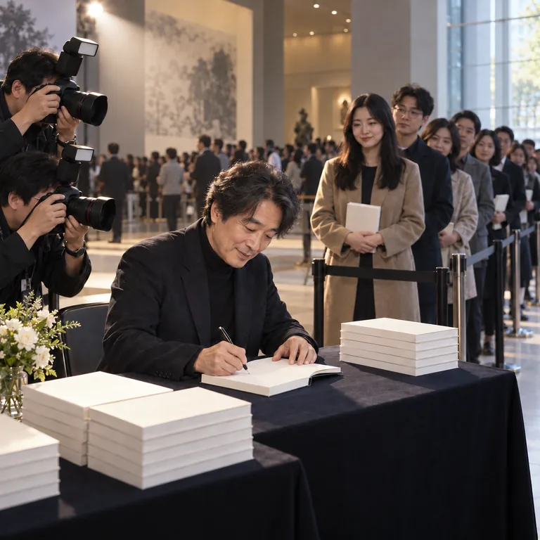 นักเขียนชื่อดังกำลังเซ็นหนังสือท่ามกลางผู้อ่านและช่างภาพ สื่อความหมายของ 著名