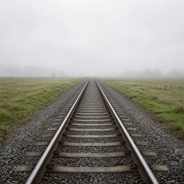 ภาพสร้างทางรถไฟสายเดียวทอดเข้าไปในหมอก สื่อถึงอนาคตและคำว่า 未来