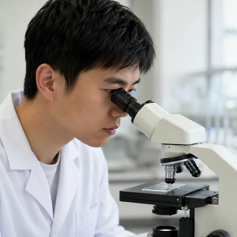 นักวิจัยกำลังส่องตัวอย่างผ่านกล้องจุลทรรศน์ สื่อถึง 研究