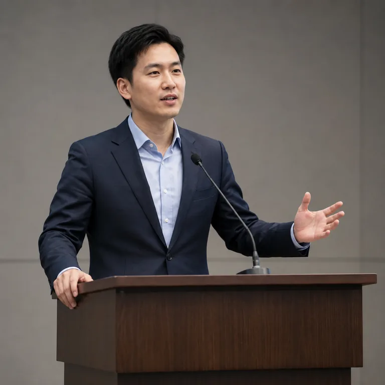 ผู้พูดหนึ่งคนกล่าวสุนทรพจน์ที่แท่นบรรยาย สื่อถึง 演讲