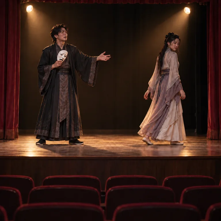 นักแสดงสองคนเล่นฉากโศกนาฏกรรมบนเวที สื่อความหมายของ 悲剧
