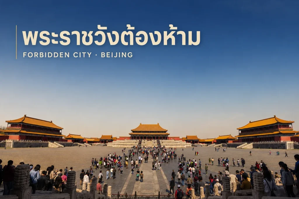ภาพปกพระราชวังต้องห้าม ปักกิ่ง พร้อมชื่อพระราชวังต้องห้ามและ Forbidden City เหนือลานพระราชวัง