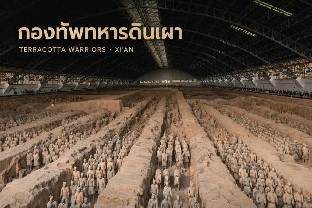 ภาพปกกองทัพทหารดินเผาจิ๋นซีฮ่องเต้ พร้อมชื่อภาษาไทยเหนือภาพหลุมหมายเลข 1