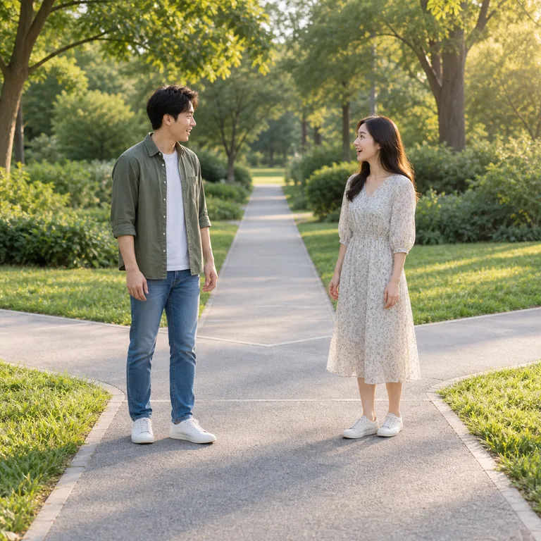 ผู้ใหญ่สองคนบังเอิญพบกันบนทางเดินในสวน สื่อความหมายของ 遇