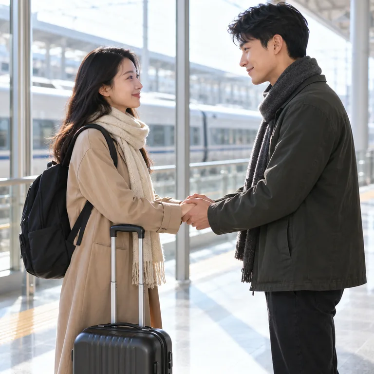 เพื่อนสองคนจับมืออวยพรกันก่อนออกเดินทาง สื่อความหมายของ 祝福