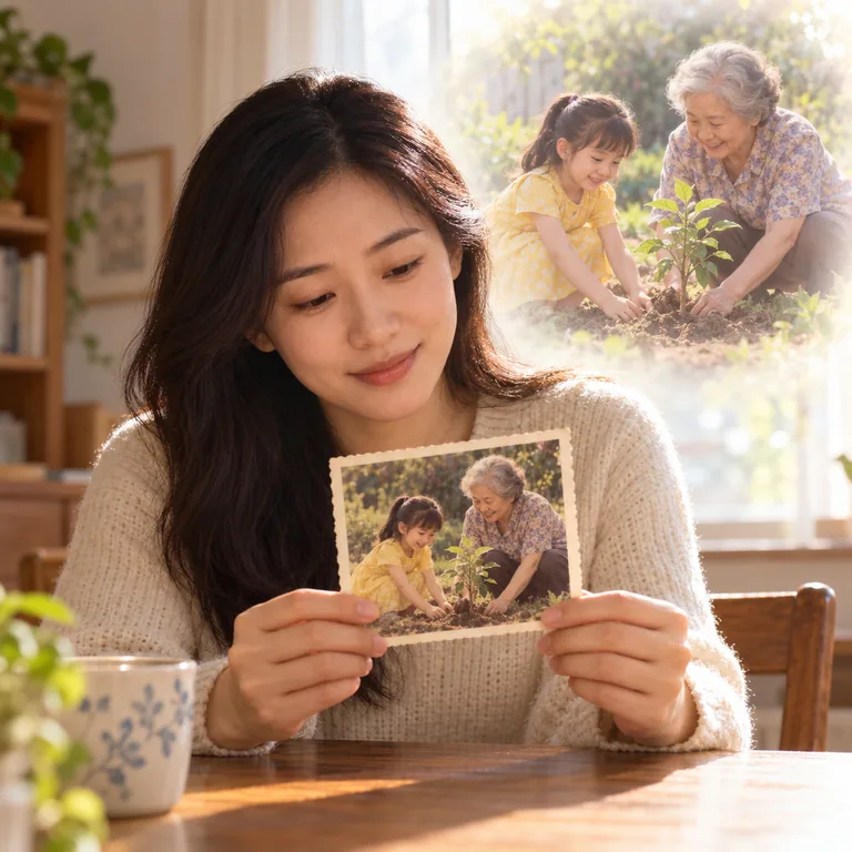 ผู้หญิงดูรูปเก่าและนึกถึงความทรงจำตอนเป็นเด็กปลูกต้นไม้กับคุณย่า