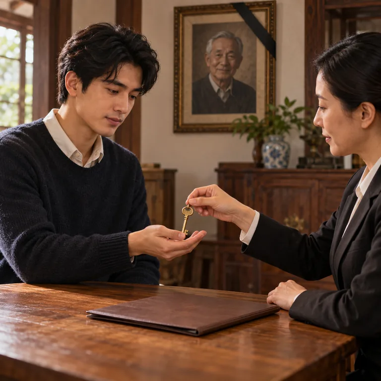 ผู้รับมรดกรับกุญแจบ้านจากผู้ดูแลเอกสาร โดยมีภาพผู้ล่วงลับติดริบบิ้นไว้ด้านหลัง