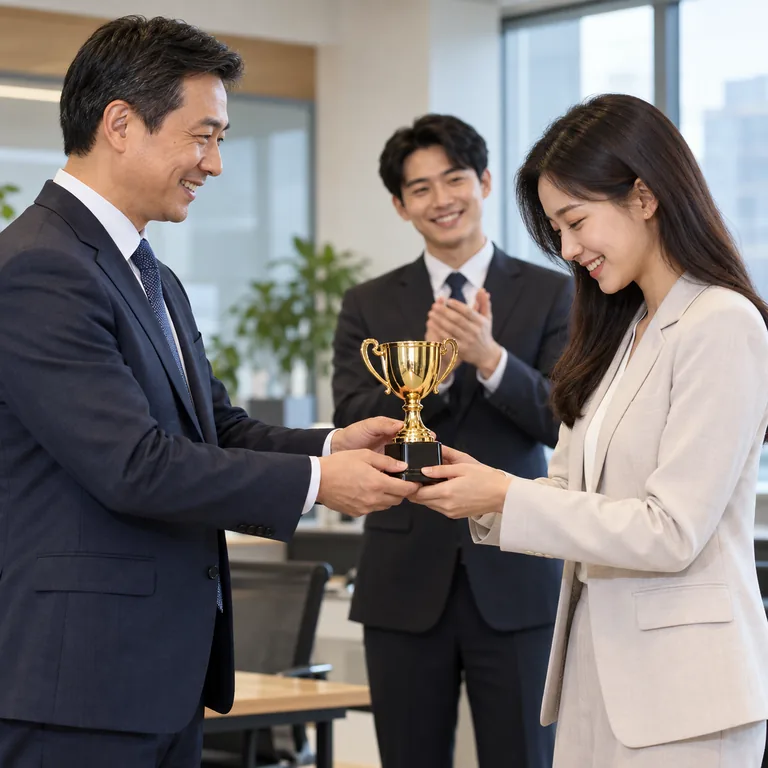 หัวหน้ามอบถ้วยรางวัลให้พนักงานท่ามกลางเสียงปรบมือ