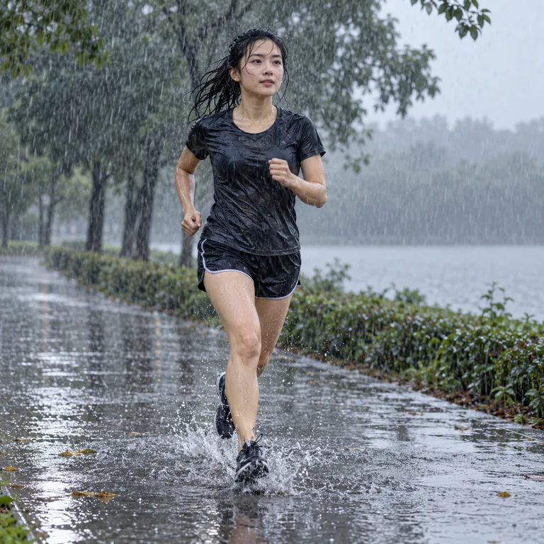 หญิงสาวยังวิ่งต่อบนทางในสวนแม้ฝนตกหนักและเสื้อผ้าเปียก