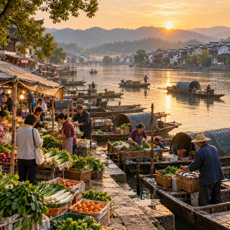 ภาพบรรยากาศตลาดริมแม่น้ำยามเช้า มีผู้ซื้อผู้ขาย เรือ บ้านเรือน และแสงอาทิตย์