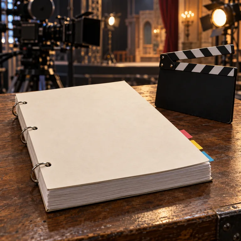 บทสำหรับการแสดงวางคู่กับสเลตถ่ายทำที่ไม่มีข้อความในฉากภาพยนตร์