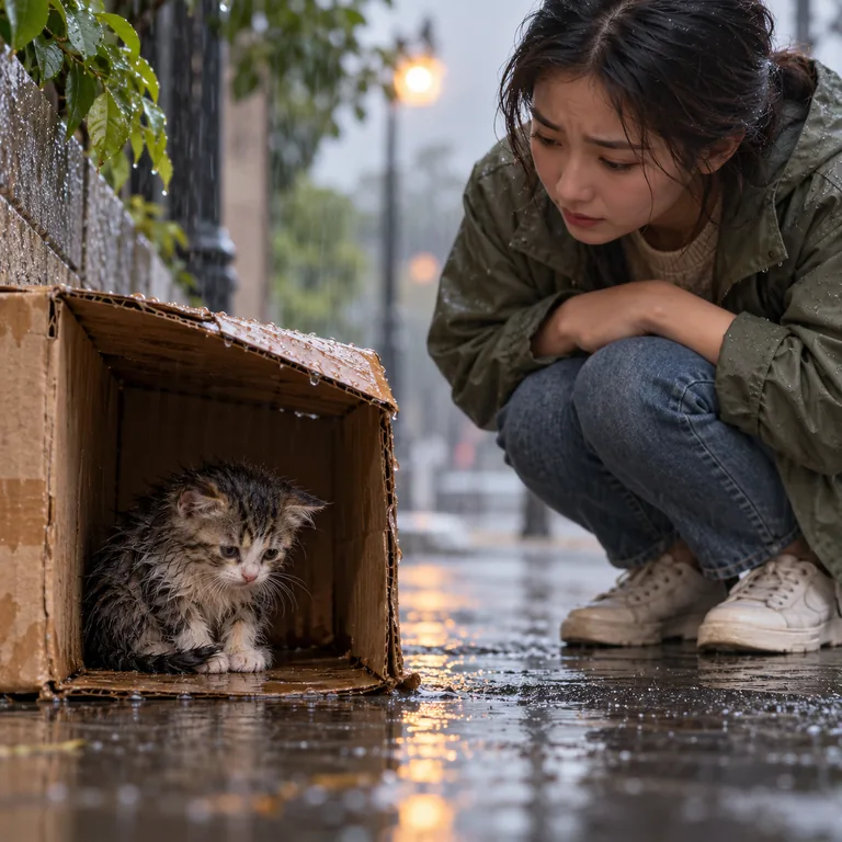 ลูกแมวเปียกฝนตัวเล็กที่น่าเห็นใจกับคนที่มองอย่างห่วงใย