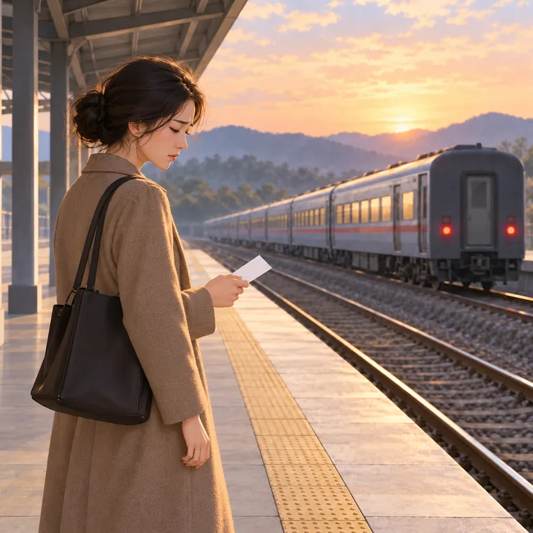 ผู้หญิงมองตั๋วอย่างเสียดายหลังพลาดรถไฟที่กำลังออกจากสถานี