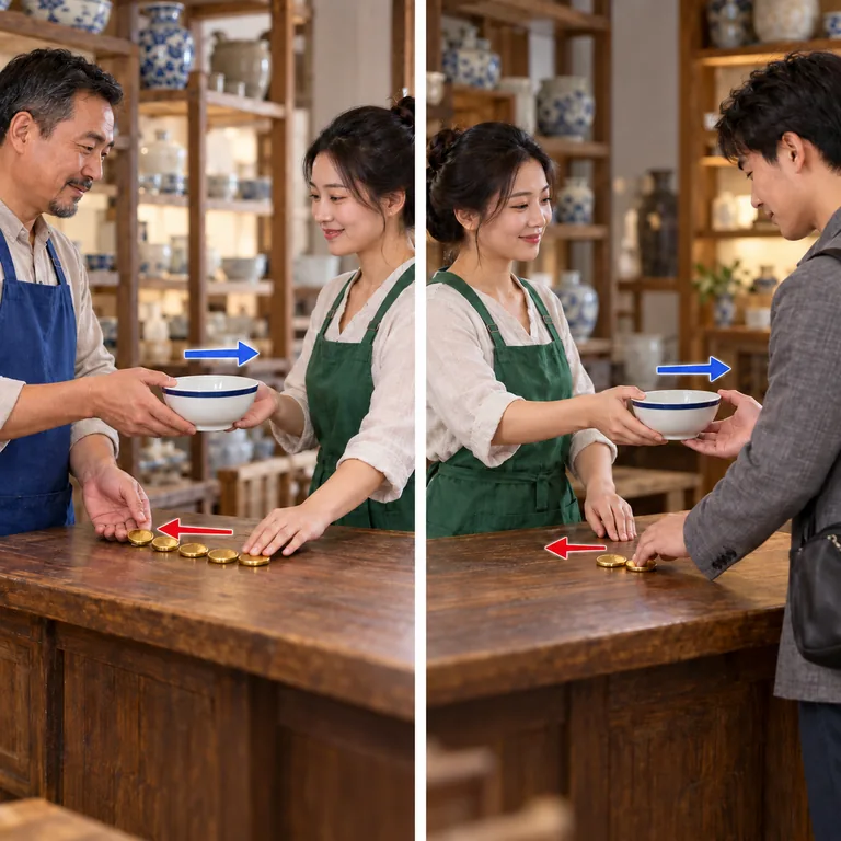 ภาพสองช่วงของร้านค้า ร้านจ่ายห้าเหรียญให้ผู้ขายต้นทางเพื่อรับชาม แล้วส่งชามให้ลูกค้าและรับสองเหรียญ สื่อการขายขาดทุน