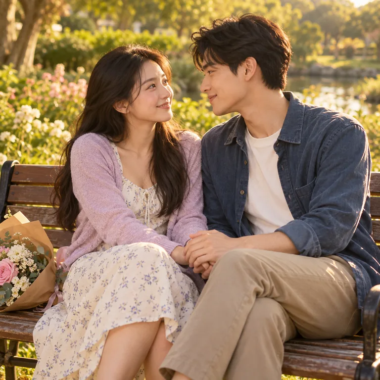 คู่รักวัยผู้ใหญ่นั่งเดตบนม้านั่งในสวน มองกันอย่างอ่อนโยนและจับมือกัน