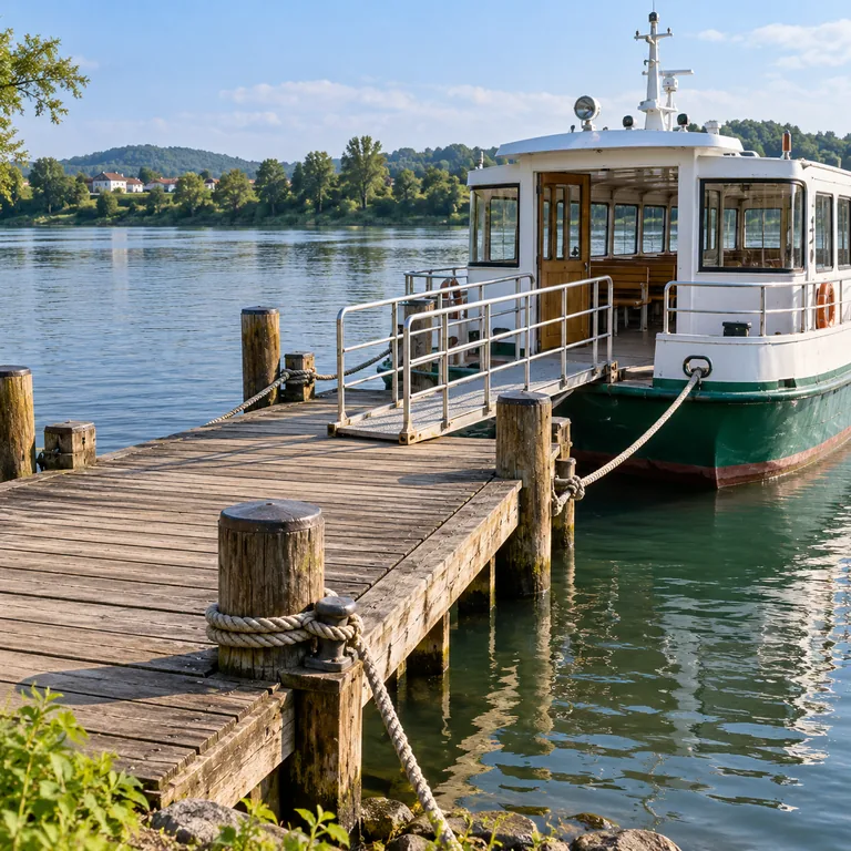 ท่าเรือไม้ริมแม่น้ำ มีเรือโดยสารจอดเทียบและทางเดินสำหรับขึ้นเรือ