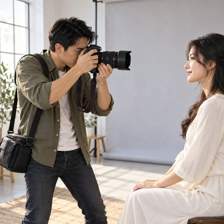 ช่างภาพกำลังมองผ่านช่องเล็งกล้องและถ่ายภาพบุคคลในสตูดิโอ