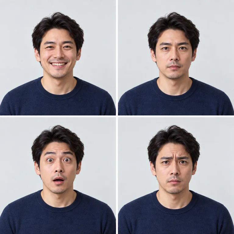 ภาพบุคคลคนเดียวกันสี่ช่องแสดงสีหน้ายินดี จริงจัง ประหลาดใจและกังวล