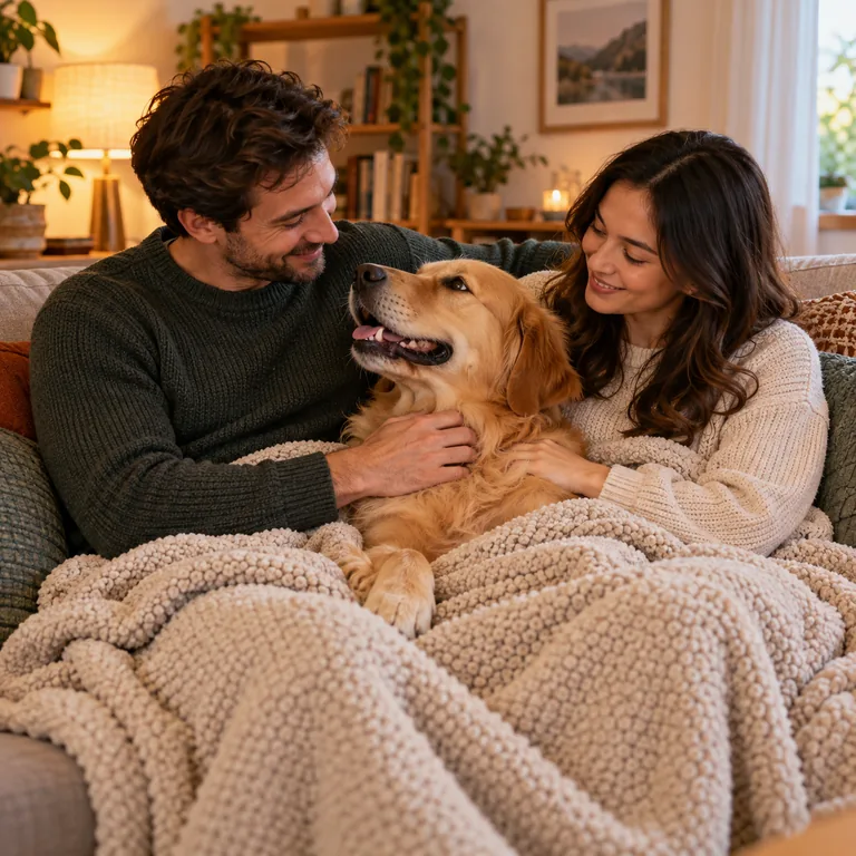 ผู้ใหญ่สองคนโอบสุนัขบนโซฟาใต้ผ้าห่มร่วมกันเสมือนสมาชิกครอบครัว