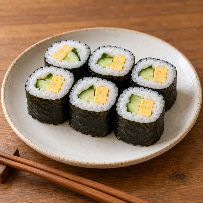 ซูชิม้วนหกชิ้น มีข้าว ไข่ แตงกวาและสาหร่าย