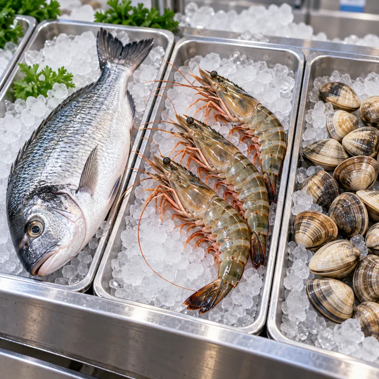 ปลา กุ้งสามตัว และหอยวางบนกองน้ำแข็งในถาดขายผลิตภัณฑ์จากสัตว์น้ำ