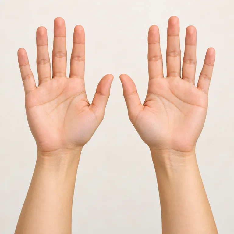 มือทั้งสองข้างหงายฝ่ามือให้เห็นนิ้วครบข้างละห้านิ้ว
