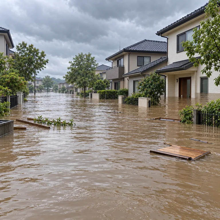 น้ำท่วมถนนและประตูบ้านในชุมชน มีสิ่งของลอยอยู่บนผิวน้ำ