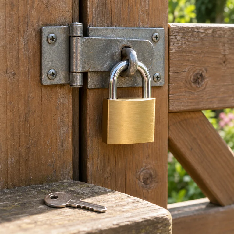 แม่กุญแจคล้องผ่านห่วงกลอนประตูไม้และมีลูกกุญแจวางแยกไว้