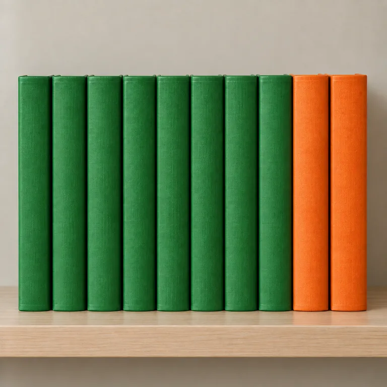 หนังสือสีเขียวแปดเล่มกับสีส้มสองเล่มแสดงองค์ประกอบที่เน้นสีเขียวเป็นหลัก