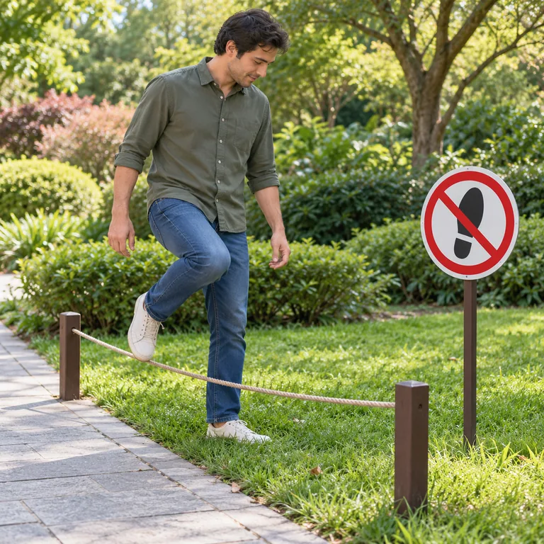 คนหนึ่งคนกำลังก้าวข้ามเชือกเข้าเขตห้ามเหยียบซึ่งมีป้ายสัญลักษณ์ห้ามชัดเจน