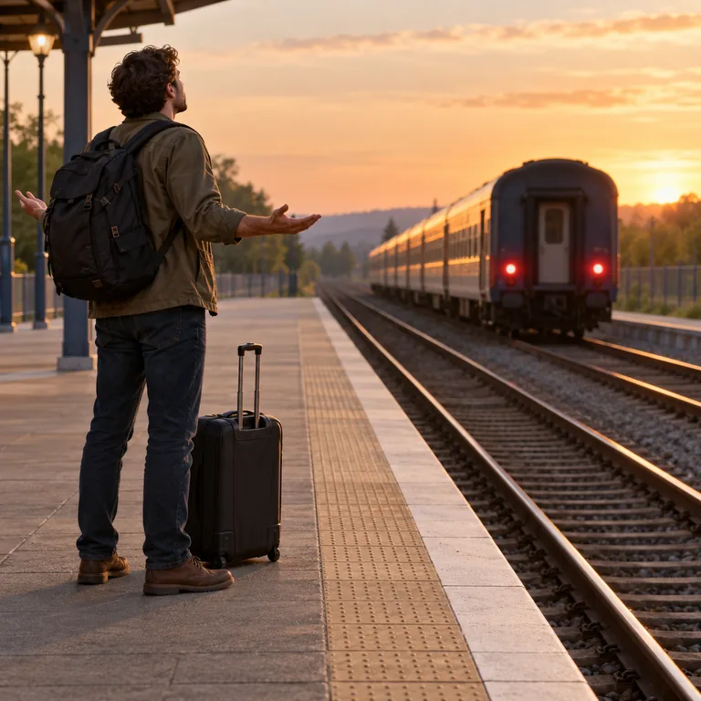 ผู้เดินทางพลาดรถไฟที่ออกไปแล้วและได้แต่ยืนอย่างจนใจ